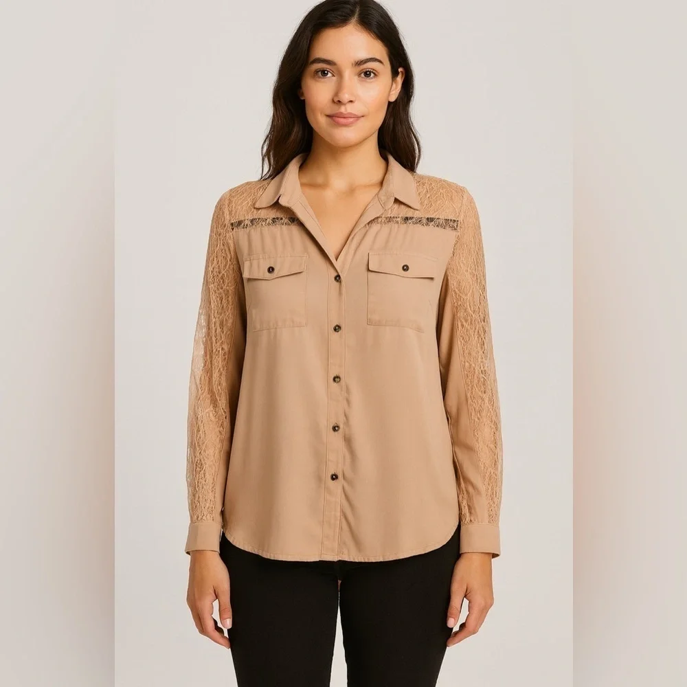 Love Riche Lace Button Down Dress Shirt Blouse Top - Size Medium